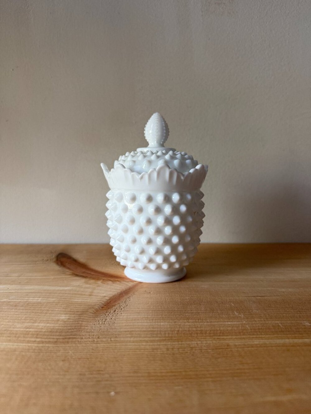 Vintage Milk Glass Hobnail Lidded Sugar Jar | Crown Edge Pineapple Finial